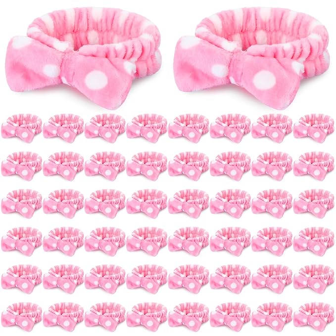50 Pcs Pink Spa Headband Bulk Spa Sleepover Party Supplies for Washing Face with Removable Bow Makeup Elastic Bowknot Headbands for Women Gifts Soft Skincare Microfiber Hairbands(Dots Style)