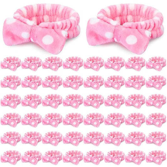 50 Pcs Pink Spa Headband Bulk Spa Sleepover Party Supplies for Washing Face with Removable Bow Makeup Elastic Bowknot Headbands for Women Gifts Soft Skincare Microfiber Hairbands(Dots Style)