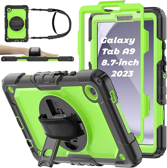 Case for Samsung Galaxy Tab A9 8.7", Shockproof with Screen Protector/Rotating Kickstand/Pen Holder/Hand Strap, Heavy Duty Protective for Samsung A9 Tablet Case SM-X110/X115/X117 (Green)