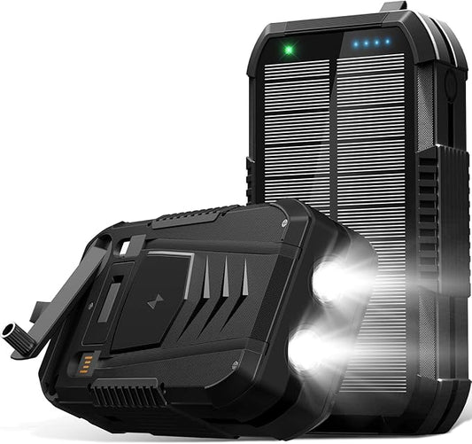 Solar Charger Wireless Power Bank 70000mAh Built in 2 Cables and Hand Crank, Portable Charger 22.5W Fast Charger 6 Outputs & 4 Inputs External Battery Pack with Bright Flashlight and Compass