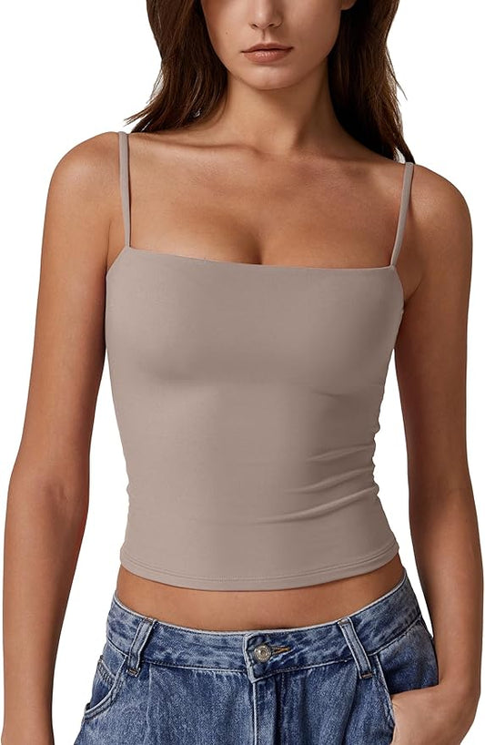 QINSEN Women's Double Lined Basic Tank Top Adjustable Spaghetti Straps Sleeveless Camisole Shirts