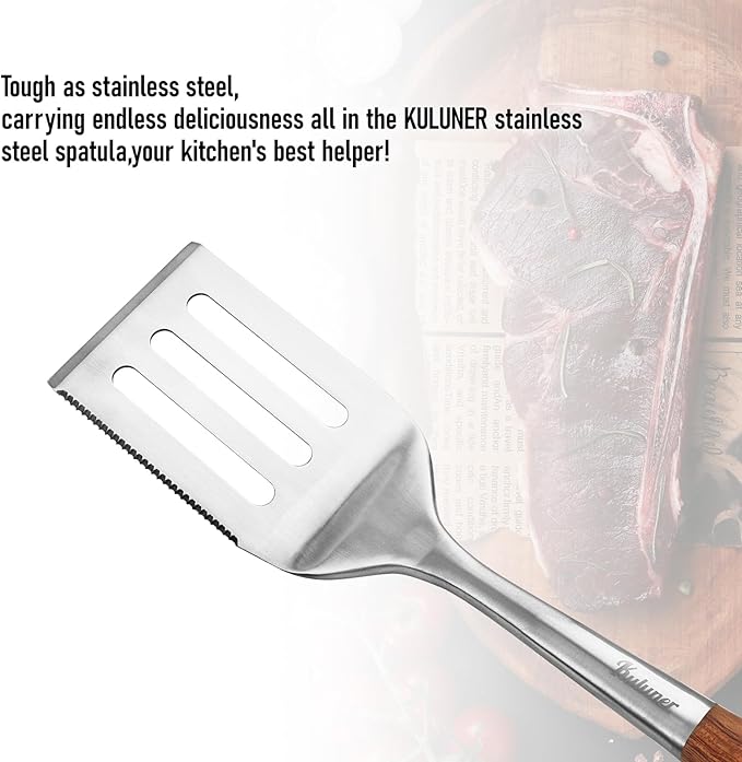 Professional Grade Stainless Steel Cooking Spatula - 17 Inches, Sturdy and Durable, Premium Solid Wood Handle, with Bottle Opener, Suitable for Barbecue, Outdoor Kitchens, and Grilling Food
