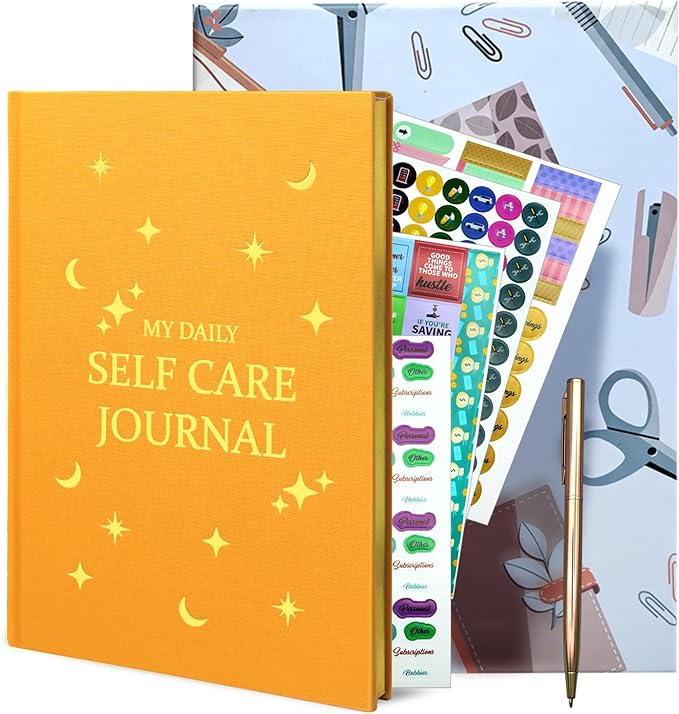 Gratitude Journal with 6 Inspirational Stickers and Pencil, Daily Reflection Journal for More Happiness, Mindfulness & Affirmation, Self Care Journals for Women & Men,Orange