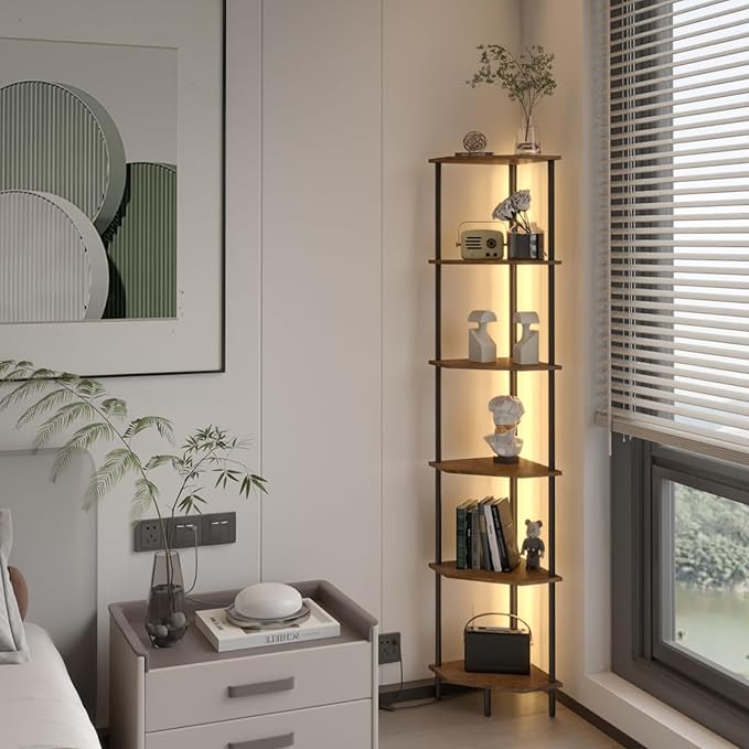 6 Tier Corner Shelf with LED Light,Tall Standing Shelf Organizer,Narrow Bookshelf,The Classic Combination of Rustic Brown and Black Standing Bookcase,Suitable for Bedroom,Living Room,Kitchen