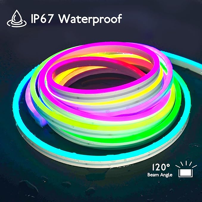 16.4FT 5M Addressable Neon Rope Light, WS2811 RGB LED Chasing Digital Strip Lights MagicRGB Waterproof Silicone Rope Music Sync DIY Design APP Control Dream Color for Gaming Room Wall Decor