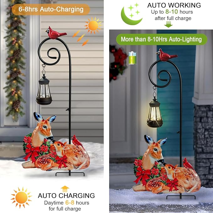 Deer Metal Garden Stake with Solar Lantern,Christmas Decorations Outdoor Waterproof Sloar Lights Outside,Doe and Fawn Outdoor Statue
