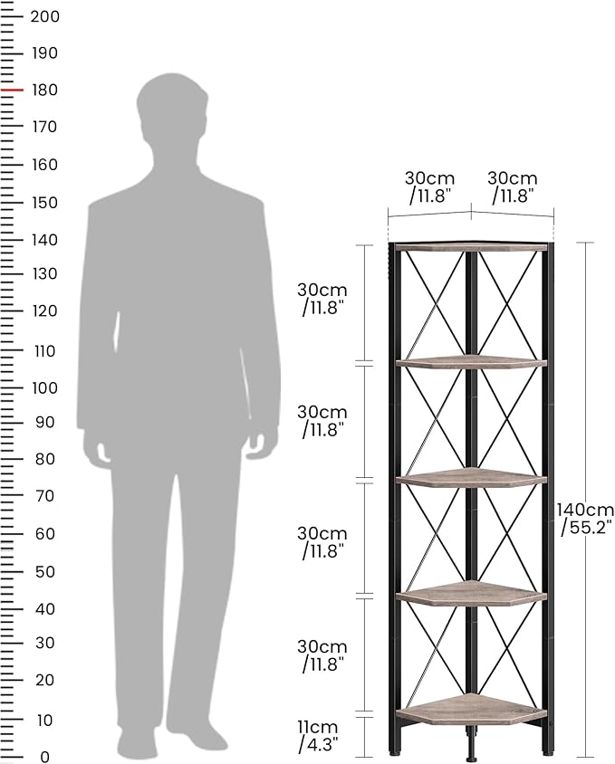 5-Tier Corner Shelf, Corner Bookcase, 55.2" Tall Vertical Display Rack, Plant Stand, Open Storage Shelf, for Living Room, Bedroom, Study, Kitchen, Greige and Black TCJ12BG