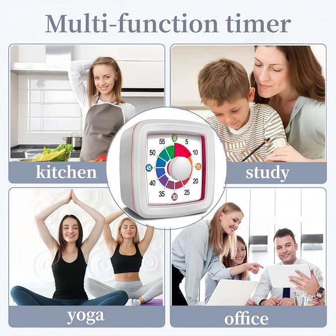 Visual Timer for Kids, 60-Minute Countdown Timer for Classroom Office Kitchen, Pomodoro Timer with Silent Operation，Time Management Tools with Colorful Pattern(White)