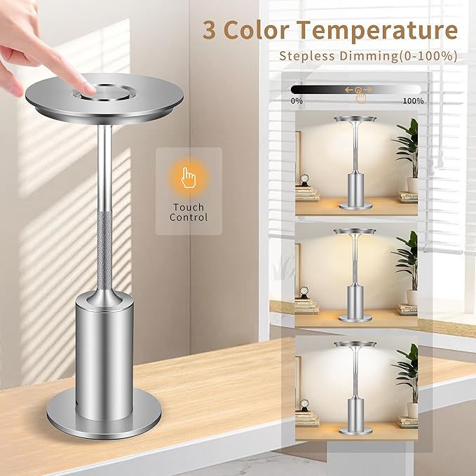 2 Pack Cordless Table Lamps Rechargeable, 5000mAh Battery Operateds Table Lights, LED Portable Silver Table Lamp for Outdoor/Dinner/Patio/Restaurant，3 Color Temperature & Stepless Dimming