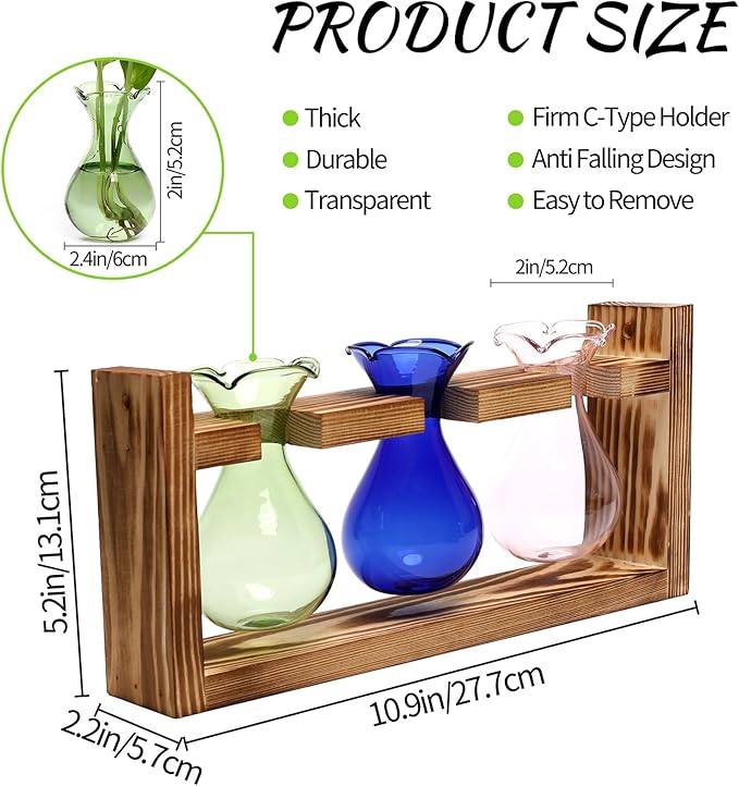 Plant Propagation Station Plant Terrarium Unique Birthday Gifts for Women Home Office Decor Planter with Wooden Stand - 3 Bulb Glass Vase