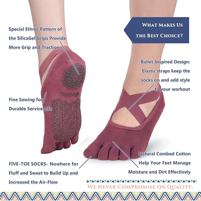 Ozaiic Yoga Socks for Women with Grips, Non-Slip Five Toe Socks for Pilates, Barre, Ballet, Fitness