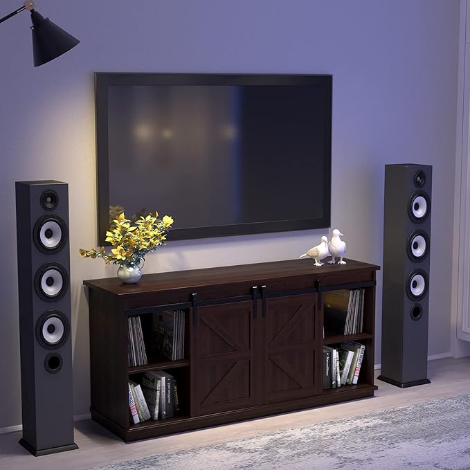 JUMMICO TV Stand for 65 Inch TV, Entertainment Center with Storage Cabinets and Sliding Barn Doors, Mid Century Modern Media TV Console Table for Living Room Bedroom (Brown)