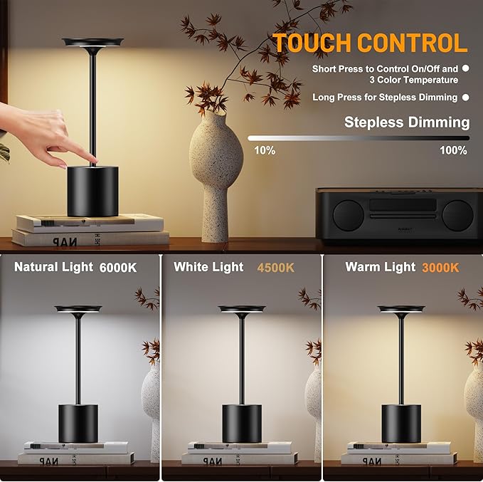 Cordless Rechargeable LED Table Lamp 6000mAh Battery Powered Waterproof Desk Lamp,Portable Touch Tabletop 3 Color Stepless Dimming Light For Indoor/Outdoor/Dinning/Patio/Restaurant(Black 2 Pack)