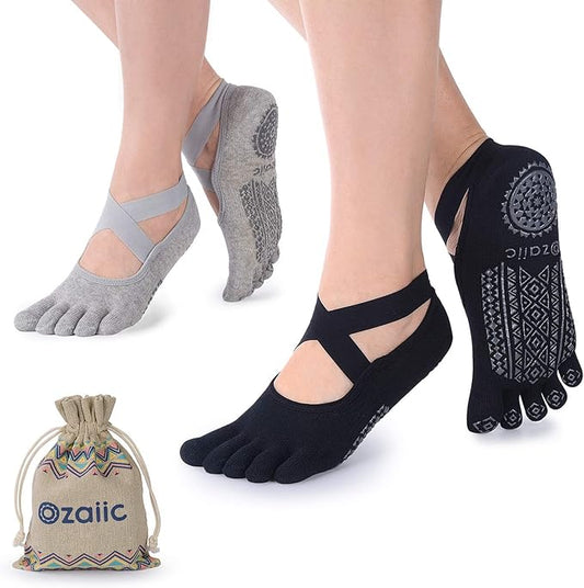 Ozaiic Yoga Socks for Women with Grips, Non-Slip Five Toe Socks for Pilates, Barre, Ballet, Fitness