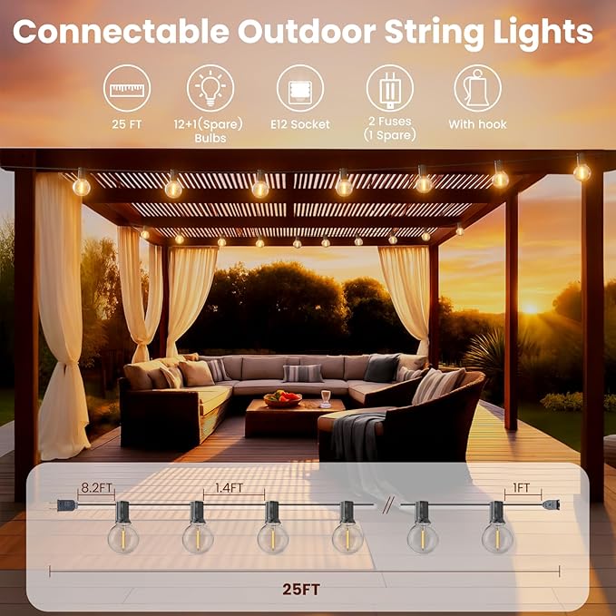 RTTY Outdoor String Lights 25ft, G40 Led Patio Globe Lights with 13pcs Plastic Bulbs, Shatterproof Waterproof Connectable Hanging for Porch Cafe Bistro Backyard Gazebo Balcony Deck Party