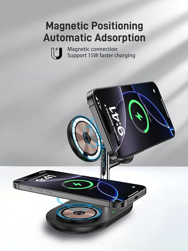 Dual Wireless Charging Station for Mag-Safe Charger 3 in 1 for iPhone 17/16/15/14/13 Series, Airpods Pro 2, iWatch Series 10/9/8/7, Magnetic Wireless Charger for Multiple Devices Apple
