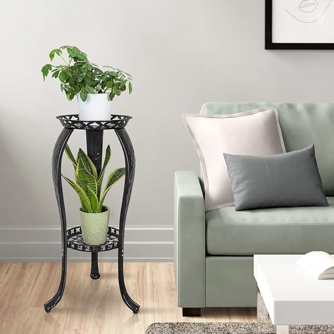 Ufine 2 Tier Metal Plant Stand Indoor Outdoor Iron Art Flower Pot Holder Tall Plant Display Rack for Corner Porch 2-Pack, Black