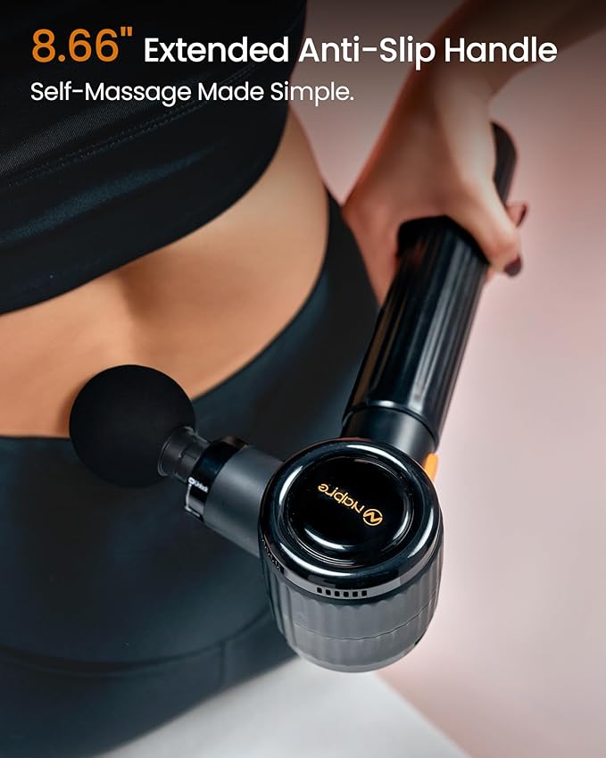 NAPRE Massage Gun with Extension Handle and 3 Adjustable Angles,Deep Tissue Back Massage for Neck/Shoulders/Waist/Legs/Body Pain Relief,Handheld Percussion Muscle Massager with Portable Case,Black