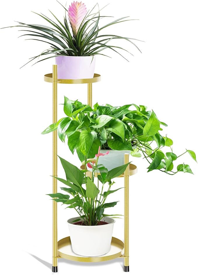 Metal Plant Stands Outdoor, 3 Tier Corner Plant Stands for Indoor Plants Tall, Golden Flower Pot Display Stand Plant Shelf for Patio Clearance Garden Balcony Living Room Gardening