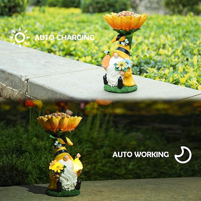 MUMTOP Garden Gnome Statue with Sunflower Birdbath Birdfeeder Outdoor Decor, Resin Summer Bee Gnome Holding Honey Jar with Solar LED Light Waterproof Garden Sculpture for Yard Lawn Decorations