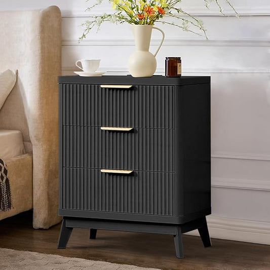 Fluted Nightstand with Charging Station, 23'' Modern Side Table with 3 Large Storage Drawers, Wide Night Stand Bedside End Table Tall Wooden Dresser for Bedroom