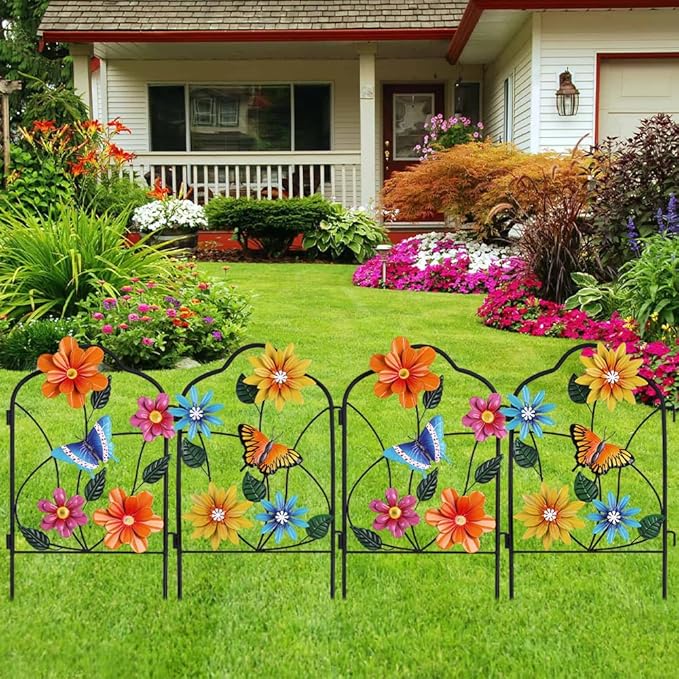 hogardeck Garden Decor for Outside, Set of 2 Metal Fence Decorative Garden Stakes with Flowers for Spring Decor, Yard Signs for Outdoor Patio Lawn Backyard Porch Decorations