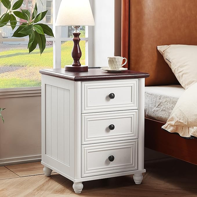 18" Farmhouse Nightstand with Charging Station and USB Port, White Night Stand with 3 Drawers, Wood Bedside End Table with Storage, Bed Side Tables for Bedroom Living Room and Closet