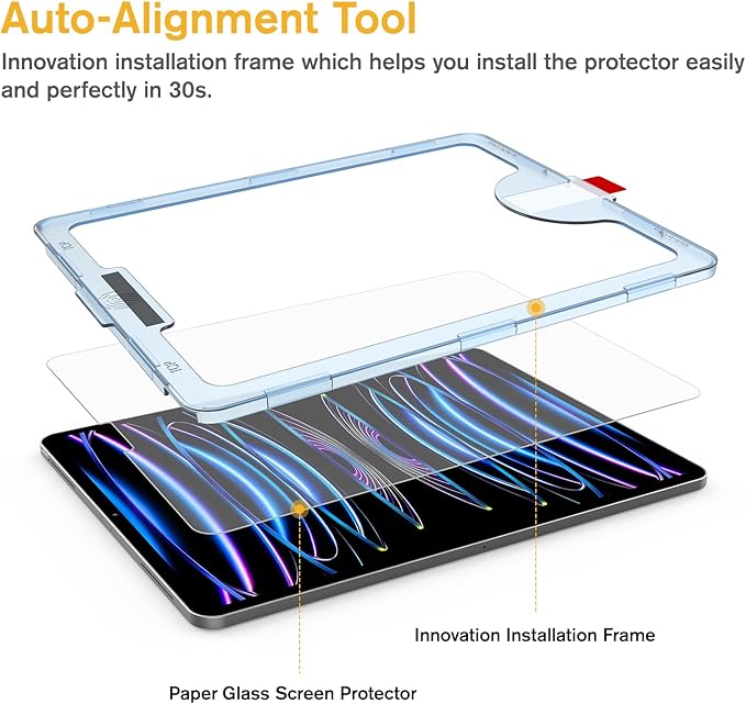 Paperfeel Glass Screen Protector Compatible with iPad Pro 12.9 6th / 5th / 4th / 3rd Generation (2022/2021 / 2020/2018), Auto-Alignment Tool, Tempered Glass, EZ Kit
