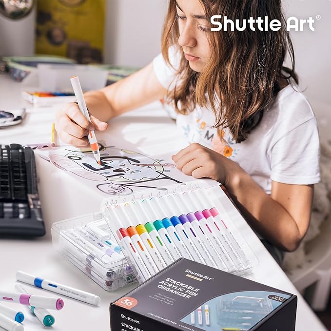 Shuttle Art 36 Markers Acrylic Marker Organizer, Portable 3-Layer Transparent Storage Box, Stackable Pen Holder for Art Supplies,Ideal for Home, Office & School Desk Organization
