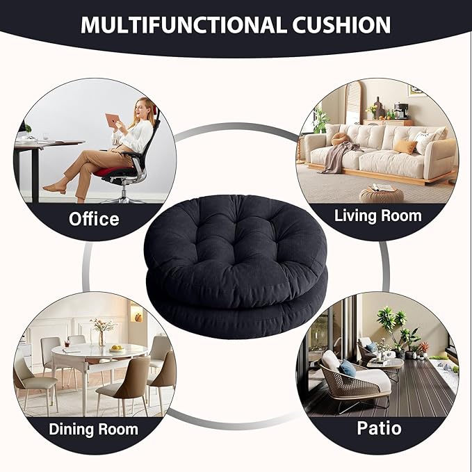 Tiita Seat Cushion Round, Hanging Chair Cushions, Floor Cushion 22 Inch Set of 2, Throw Pillows Indoor/Outdoor (Black, 22 x 22 x 4 Inches)
