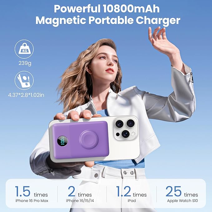 Magnetic Portable Charger 10800mAh for iPhone with Built-in Cables, 6-in-1 Wireless Power Bank with iWatch Charger,25W PD Fast Charging USB C Battery Pack for iPhone 16/15/14/13/12,Apple Watch(Purple)