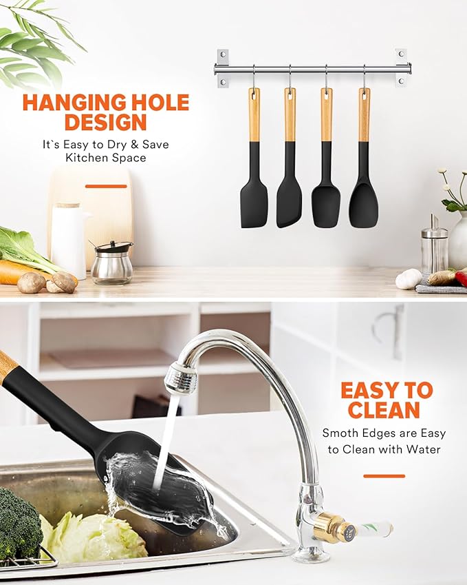 Silicone Spatula Spoon Set, Great for Mixing, Folding, Scraping, and Spreading, Sturdy BPA-Free Matte Silicone, Wooden Handle Rubber Spoonula for Nonstick Cookwares,4 Pack (BLACK)