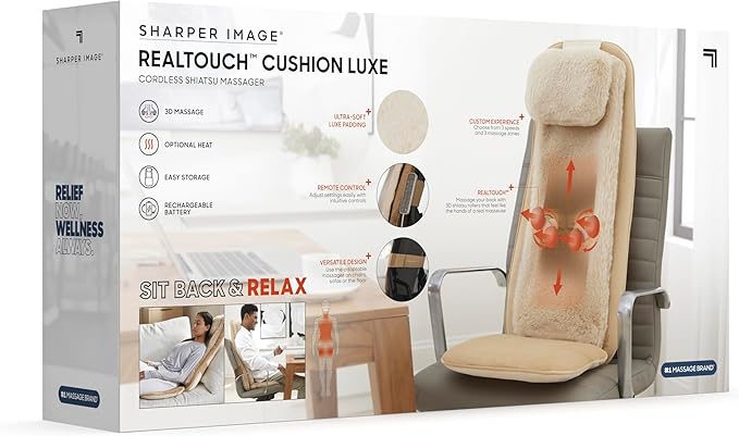 Sharper Image® Realtouch Cushion Luxe - Cordless Shiatsu Massaging Chair Pad| Heated Seat Topper & Remote Control| Heat & Vibration|Ultra-Soft Padding| Wireless Full Body Back & Shoulder Massager Gift