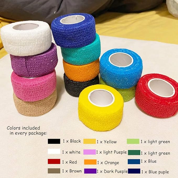 (12-Pack) 1” x 5 Yards | Self Adhesive Bandage Wrap, Kuvvfe Athletic Elastic Cohesive Bandage for Sports Injury,Strain,Knee & Wrist,Ankle Sprains & Swelling First Aid