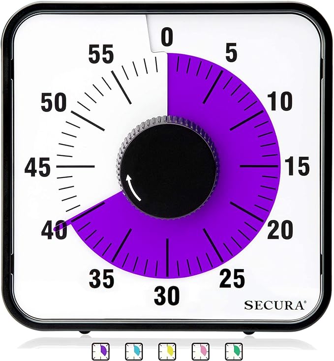 Secura 60-Minute Visual Countdown Timer, 7.5-Inch Oversize Classroom Visual Timer for Kids and Adults, Durable Mechanical Kitchen Timer Clock with Magnetic Backing (Purple)