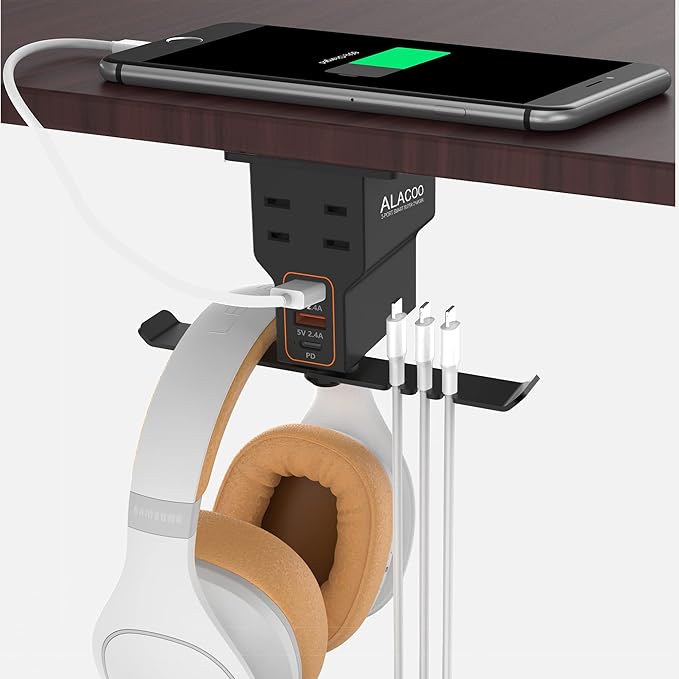 All-in-One Under Desk Headset Stand with Charging Station - Dual 360° Rotating Hooks, 3 USB Ports & AC Outlet, Built-in Surge Protector and Cable Management (Black)