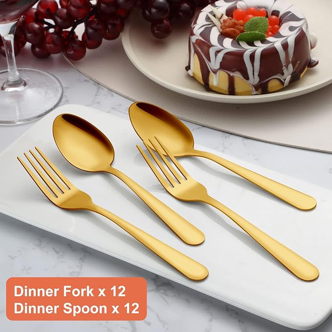 24-piece Forks and Spoons Silverware Set, Unokit Stainless Steel Flatware Cutlery Set for Home, Kitchen and Restaurant, 12 Dinner Forks and 12 Dinner Spoons, Mirror Polished&Dishwasher Safe - gold
