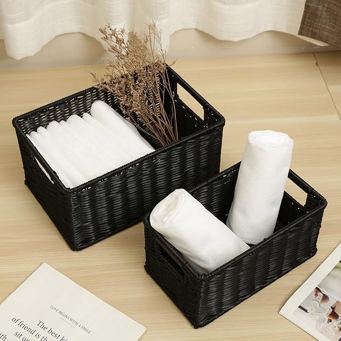 HOONEX Wicker Baskets for Storage, Plastic Baskets for Organizing with Dual Handles, Woven Baskets for Storage, Set of 2, Black