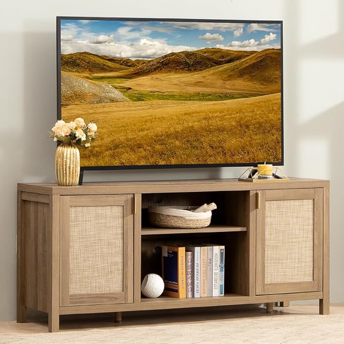 SICOTAS TV Stands for Living Room : Rattan TV Console Cabinet with Storage and Shelf, Boho Entertainment Center, 59" Media Console for 55, 65 Inch TV, 26" Tall Television Stands, Oak