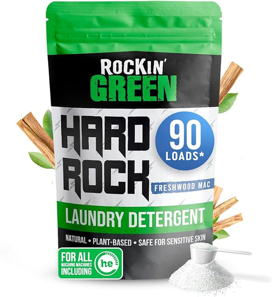 Rockin' Green Hard Rock Laundry Detergent for Hard Water (90 Loads), Plant based, Natural Laundry Detergent Powder, Biodegradable Odor Fighter, Safe for Sensitive Skin, 45 oz (Freshwood Mac)