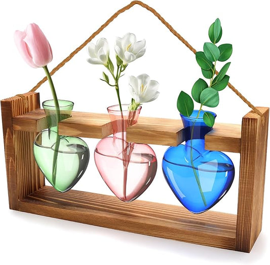 Plant Propagation Station, Propagation Vases for Plants with Wood Stand Heart Shape Glass Planters for Indoor Plants Gifts for Women Plant Lover with a Lanyard