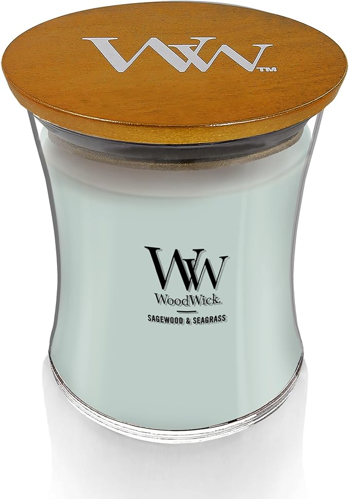 WoodWick Medium Hourglass Candle Sagewood/Seagrass - Premium Soy Blend Wax Pluswick Innovation Wood Wick Made in USA