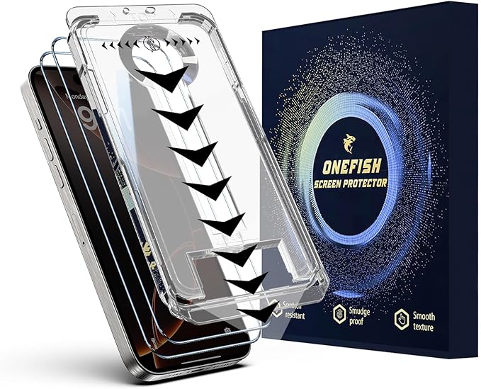 OneFish Screen Protector for Iphone 15 Pro, HD Clarity Tempered Glass Film 9H+ Hardness, with Hassle-Free Installation Frame, Dust-Free Bubble-Free Anti-Fingerprint, 2Pack
