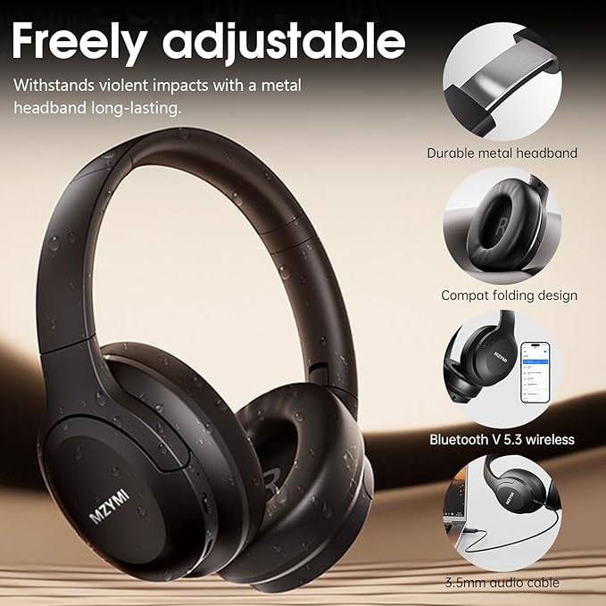 MZYMI Wireless Over Ear Bluetooth Headphones, 100H Playtime Active Noise Cancelling Headphone, Portable Foldable Headphone with Microphone for Work, Gym, Travel, Game, Black