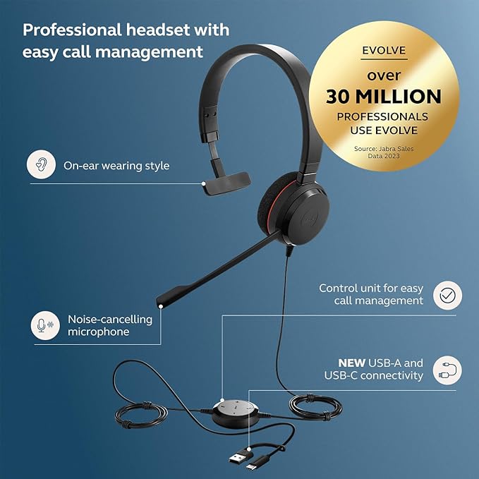 Jabra Evolve 20 Wired Headset (2025 Edition) - Single-Ear Wired Headset for Office and Work from Home - Call Control - All Platforms - USB-C/A Connectivity - Black