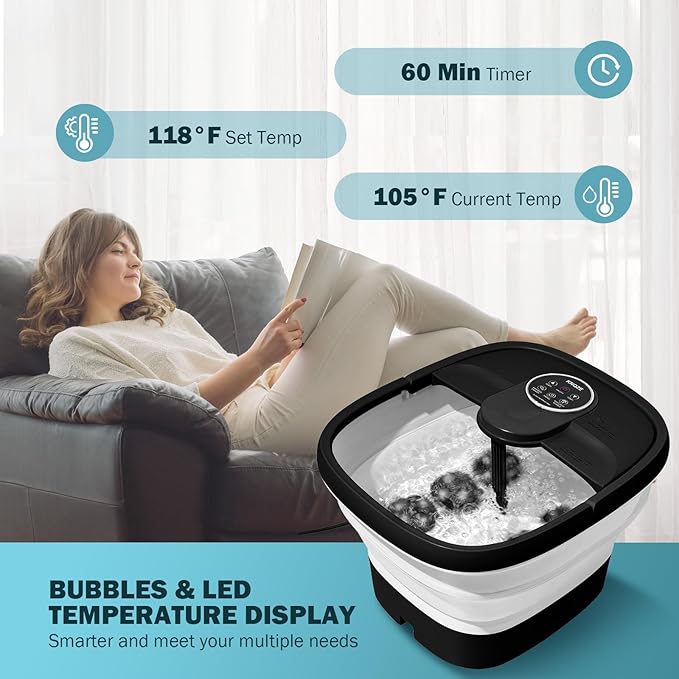 Collapsible Foot Spa Electric Foot Bath with Heat, Bubble, Remote, 24 Motorized Shiatsu Massage Balls. Pedicure Soaking tub for Feet Stress Relax (Black)