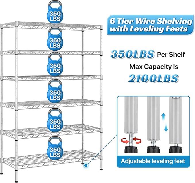 6-Tier Storage Shelves | 2100 LBS Capacity Garage Shelving | 48"×18"×82" Heavy Duty Metal Shelving Unit | Adjustable Wire Shelf on Wheels | Storage Rack for Garage Kitchen Pantry Basement, Chrome