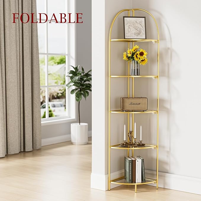 Crofy Foldable 5 Tier Corner Shelf, Metal Corner Plant Stand with Gold Frame and Transparent Shelves, Corner Display Rack Multipurpose Shelving Unit for Living Room, Bedroom, Bathroom