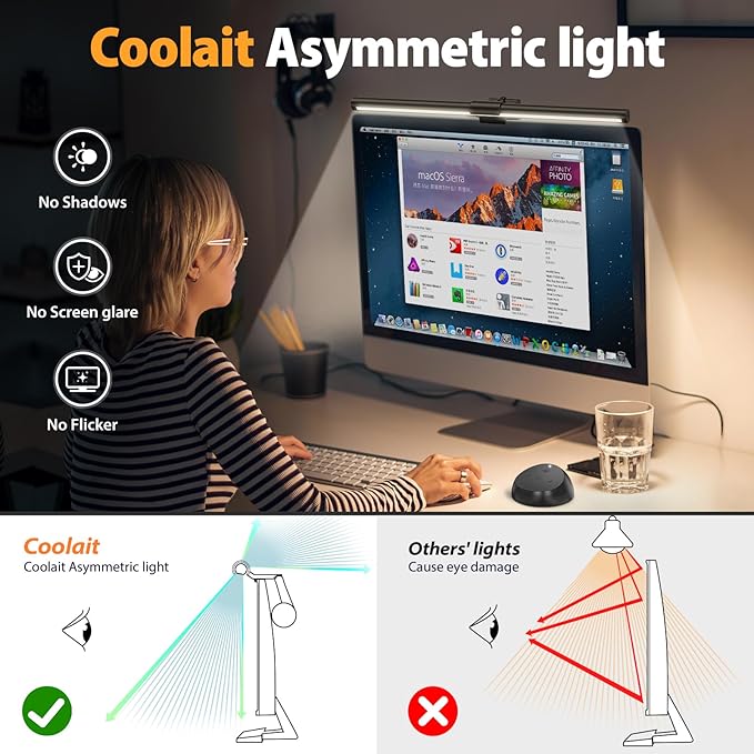 Computer Monitor Light,Screen Monitor Light Bar with Backlight for Eye Caring,E-Reading LED Task Lamp with Color/Dimming Adjustment,Remote Control,No Screen Glare Space Saving Home Office Lamp