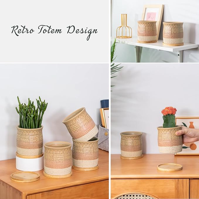 TAMAYKIM 4 Inch Small Ceramic Plant Pots with Drainage Holes and Saucers, Retro Totem Planters for Succulent, Cactus & Herbs, Brown Beige, Set of 4